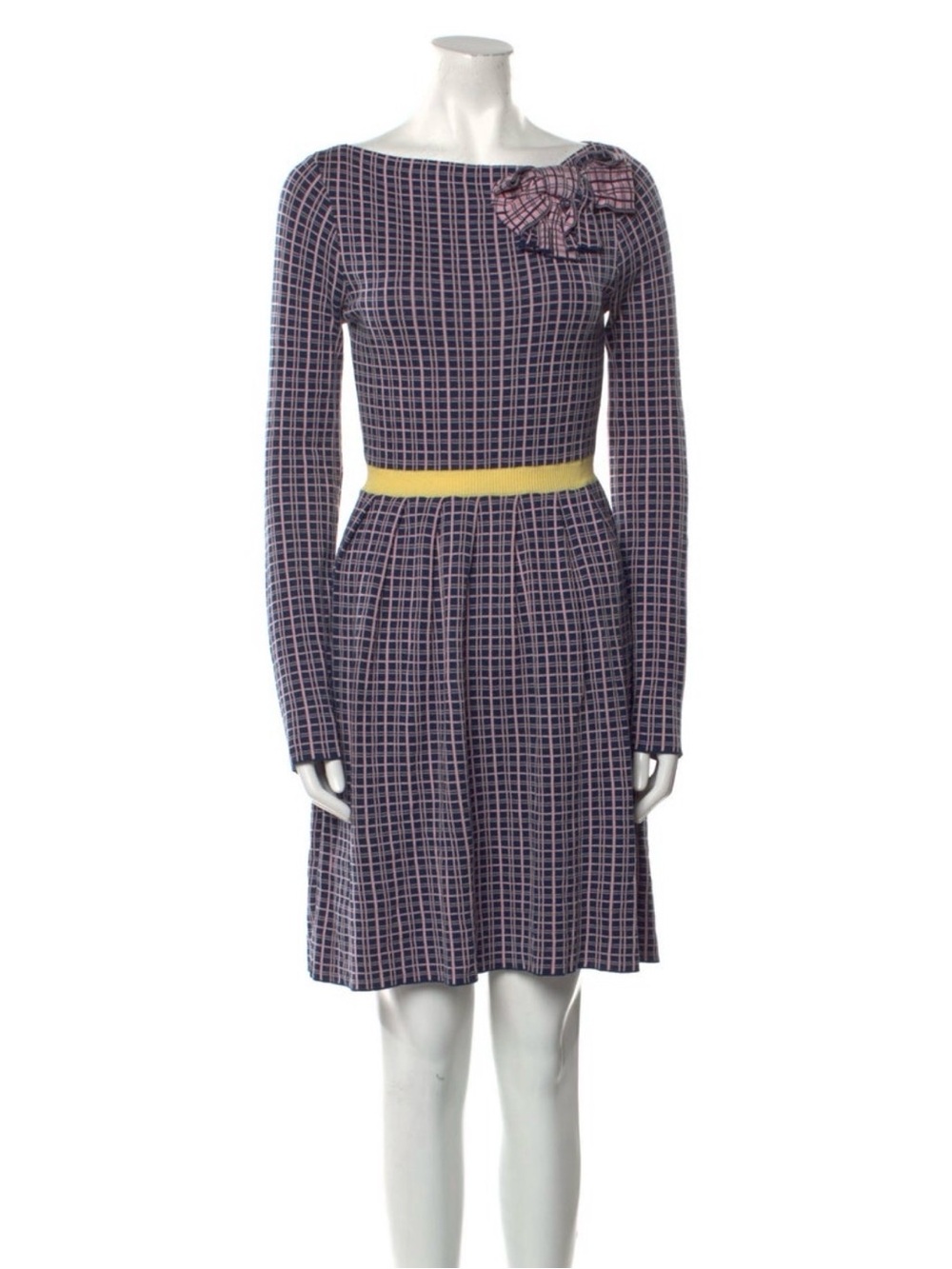 RED Valentino Purple Plaid Midi Dress with Yellow Waist Accent